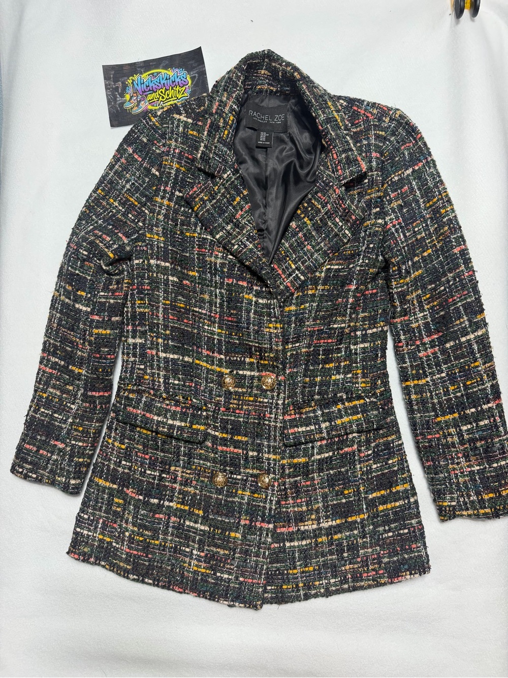 Rachel Zoe Black Tweed Blazer with Pink and Yellow Thread